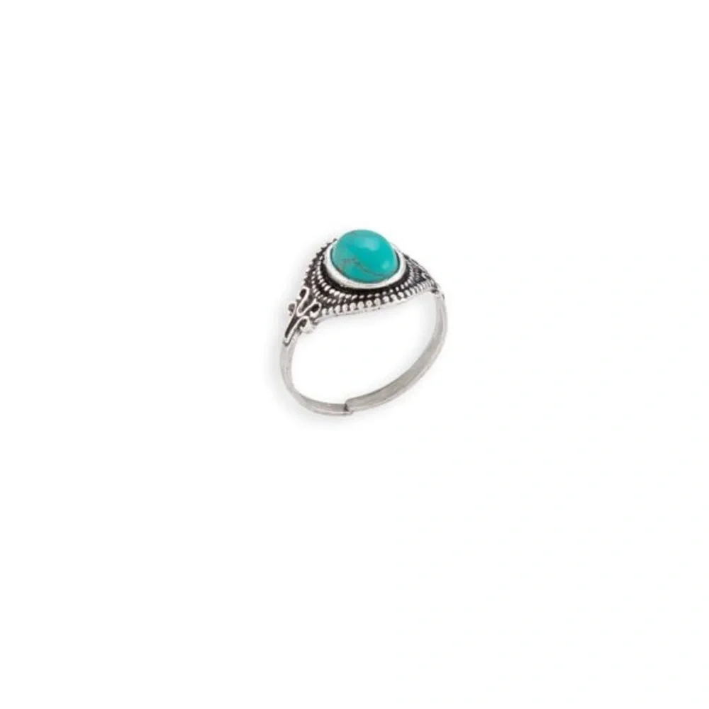 New One size silver toned brass adjustable Faux Turquoise ring Boho Western